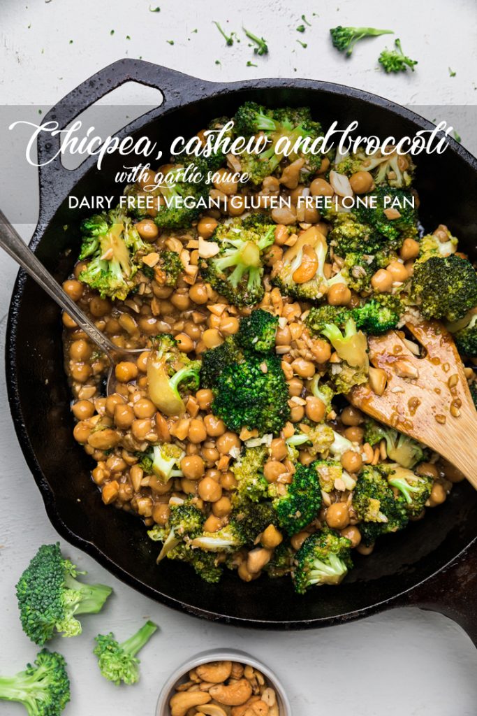 the words chickpea cashew and broccoli with garlic sauce overlayed onto a skillet of food.