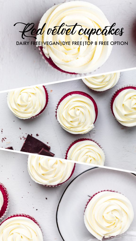 a collage of dairy free red velvet cupcakes.