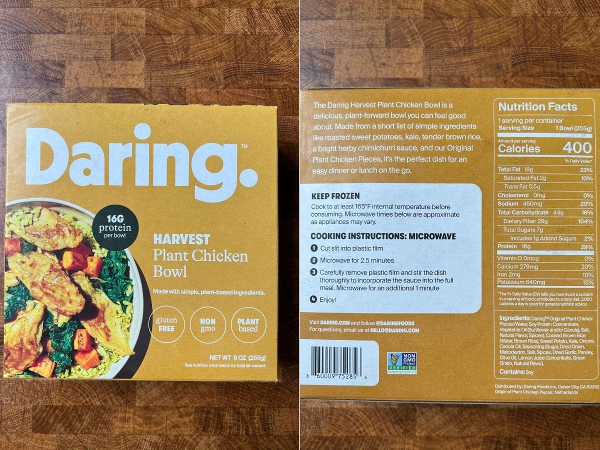 daring foods frozen harvest plant chicken bowl package and nutritional facts.