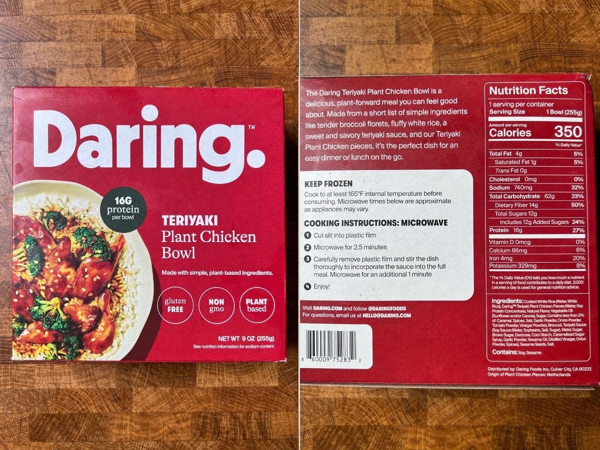 daring foods frozen teriyaki plant chicken bowl package and nutritional facts.