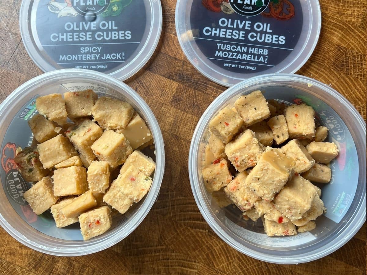 open container of good planet olive oil cheese cubes.