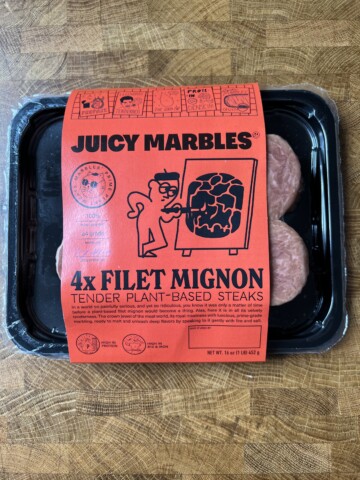 A package of Juicy Marbles vegan filet mignon.