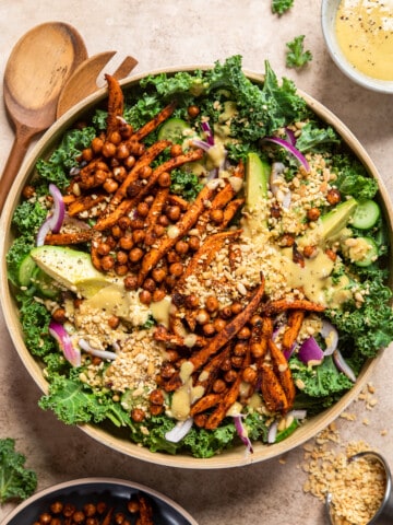 vegan kale crunch salad in a wooden bowl.