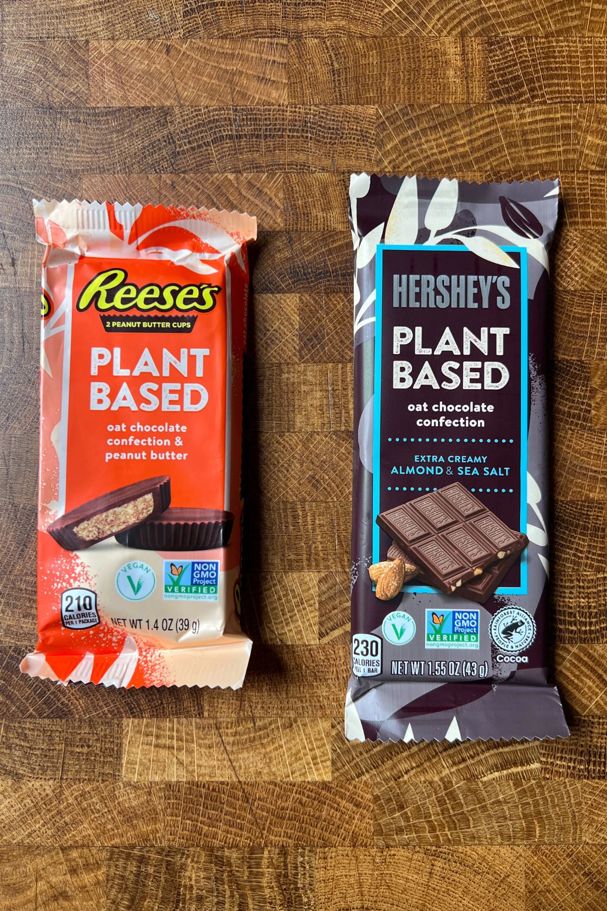 hersheys plant based chocolate bar and hershey reese's cup packages.