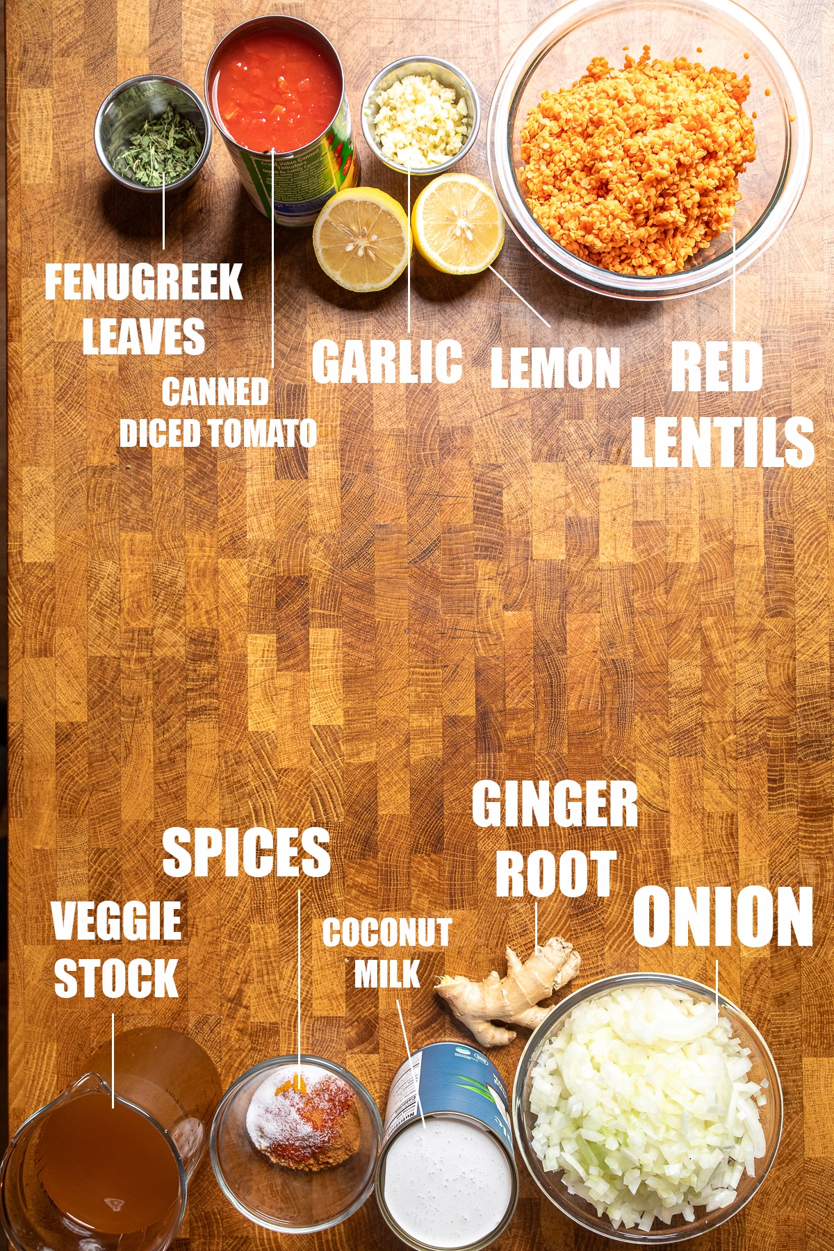 ingredients on a table for making masoor dal.