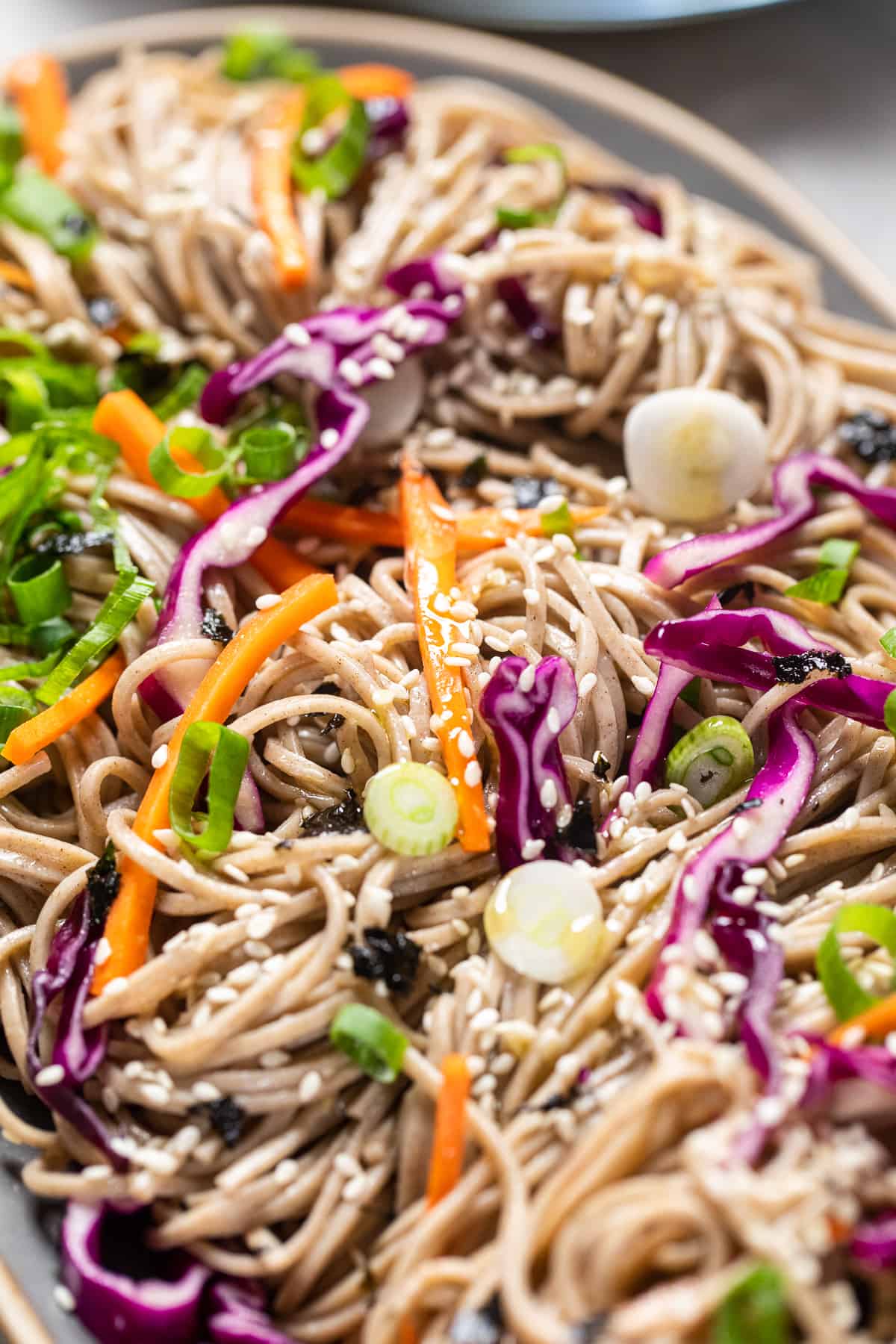 easy vegan soba noodle salad with red cabbage, carrots and green onions. 