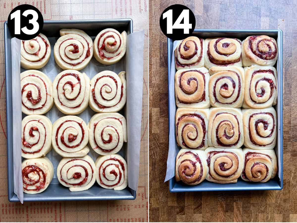 risen but uncooked cinnamon rolls next to a tray of cooked but unfrosted cinnamon rolls.