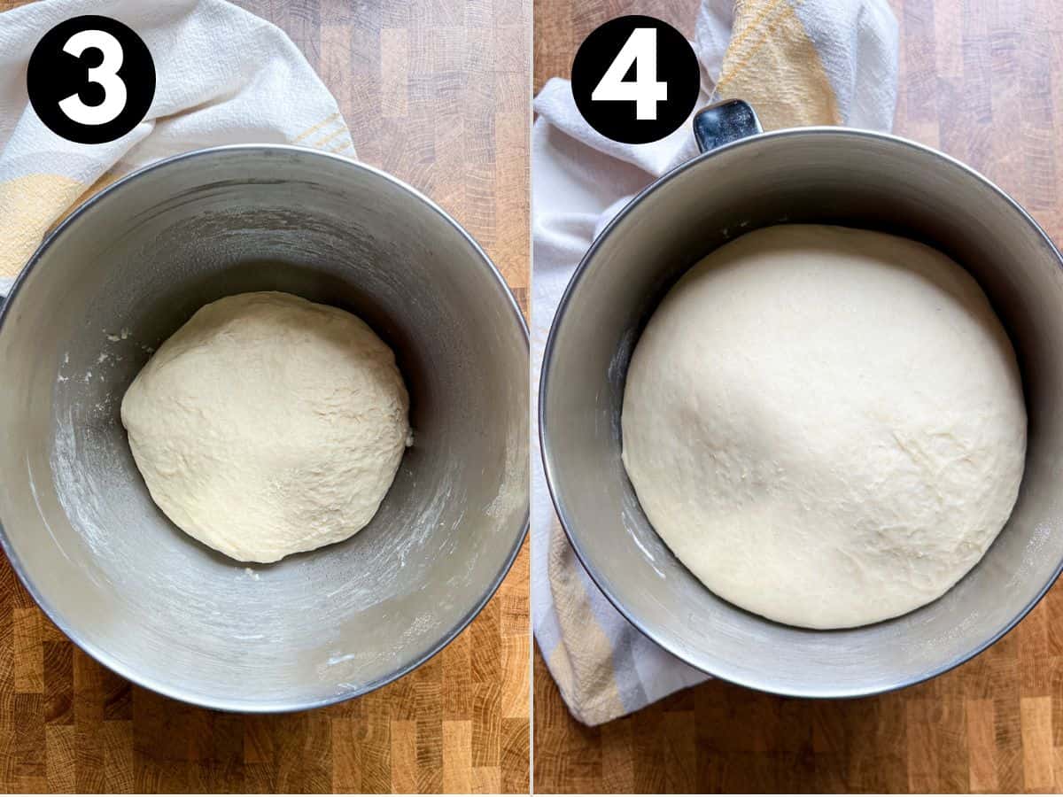 newly rolled dough in a silver bowl next to a bowl of risen dough double the size.