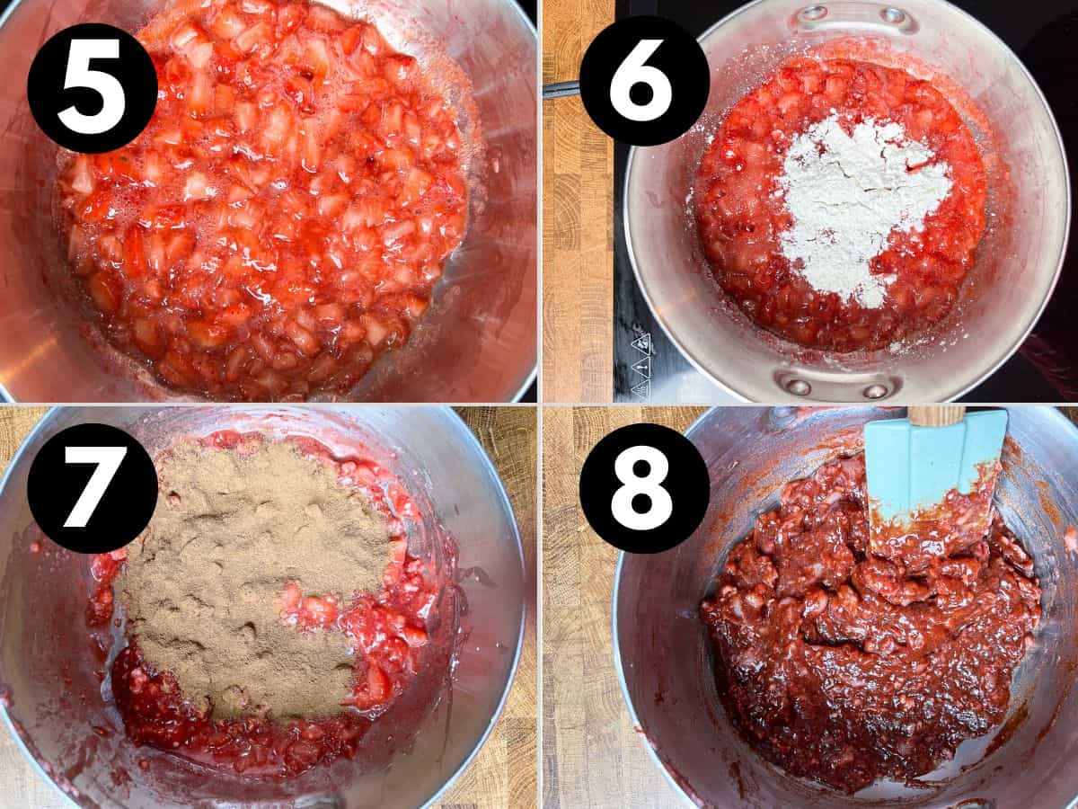 process of making strawberry filling, get strawberries to release juice, add cornstarch, then cinnamon and get thickened.