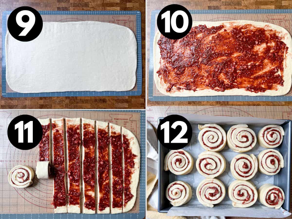 rolled out dough, then filling spread, strips cut and rolled, and then uncooked cinnamon rolls placed inside a 9x13 baking dish.