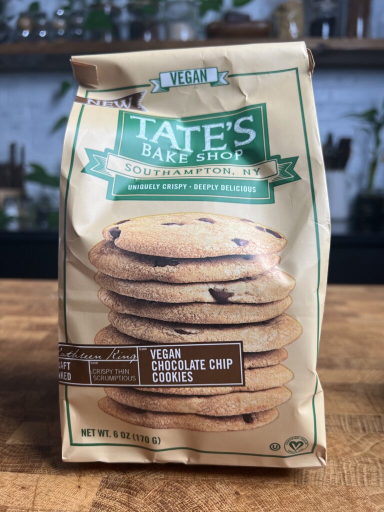 A bag of Tates vegan chocolate chip cookies.