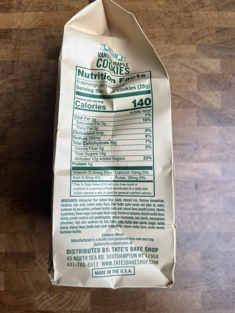 A bag of Tates Vanilla Maple Cookies with nutrition facts.