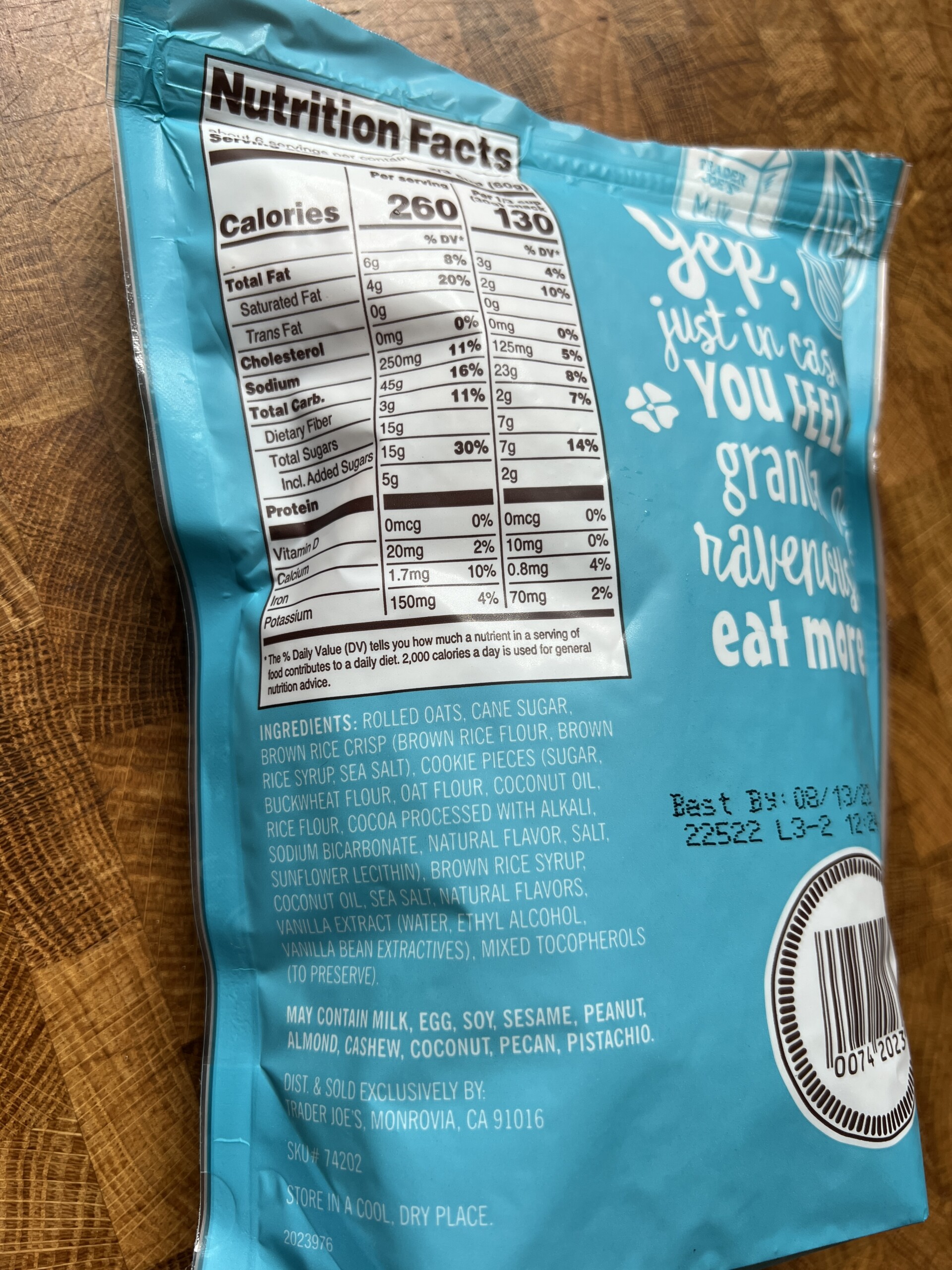 A bag of Joe Joe\'s vegan cookies and cream granola with nutrition facts.