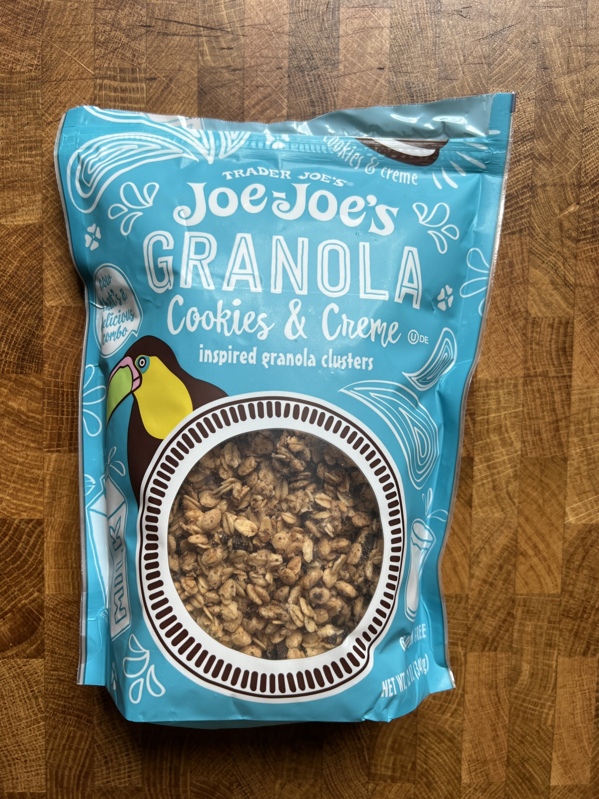 A bag of Joe Joe\'s vegan cookies and cream granola . 