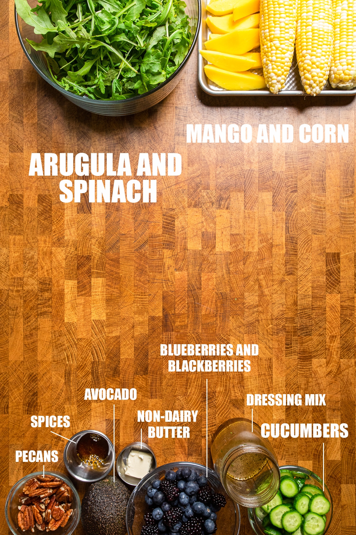 ingredients for vegan arugula salad with lime maple vinaigrette.