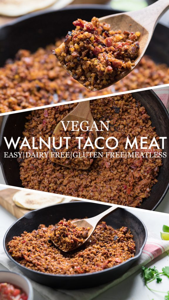 A collage of Vegan walnut taco meat.