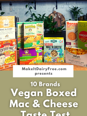 The words 10 vegan boxed mac and cheese products below an assortment of vegan mac and cheese boxes.