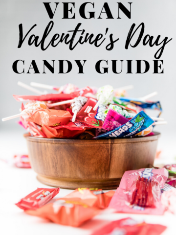 The words Vegan Valentine Candy Guide overlayed onto a bowl of candy.